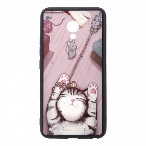 Накладка Meizu M5 пластиковая с резиновым бампером рисунки и стразы Кот и мыши розовая