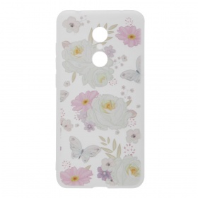 Накладка Xiaomi Redmi 5 резиновая матовая полупрозрачная Цветы бело-розовые с бабочками