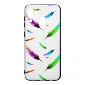 Накладка Samsung A30 2019/A305F пластиковая с резиновым бампером Перья цветные