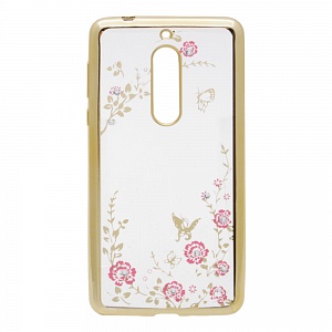 Накладка Nokia 5 силиконовая прозрачная с хром бампером рисунки со стразами Цветы розовые золото