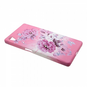 Накладка Sony Z5 силиконовая рисунки со стразами Цветы розовые на розово-белом фоне