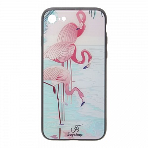 Накладка iPhone 7/8 пластиковая с резинов бампером стеклян с переливом Трио фламинго Joyshop