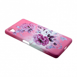 Накладка Sony X силиконовая рисунки со стразами Цветы розовые на розово-белом фоне